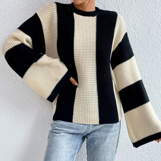 Damen Grobstrickpullover mit weitem Schnitt und Blockstreifen Fudus