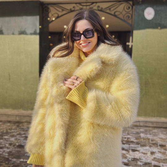 Damen kuschelige Kunstfelljacke mit elegantem Revers Fudus