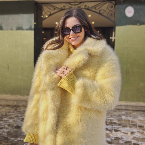 Damen kuschelige Kunstfelljacke mit elegantem Revers Fudus