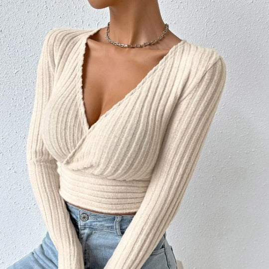 Damen Langarm-Crop-Top mit schmeichelndem Wickeldesign Fudus