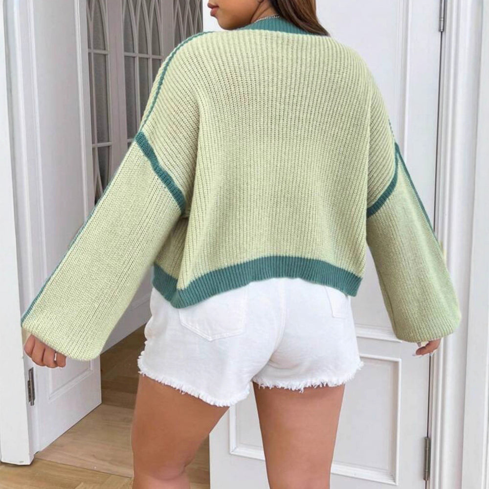 Damen Grobstrick Cardigan mit lässigem Schnitt und auffälligen Kontraststreifen Fudus