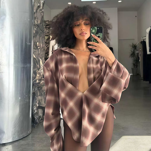 Damen lässige Karobluse mit übergroßem Schnitt und elegantem V-Ausschnitt Fudus