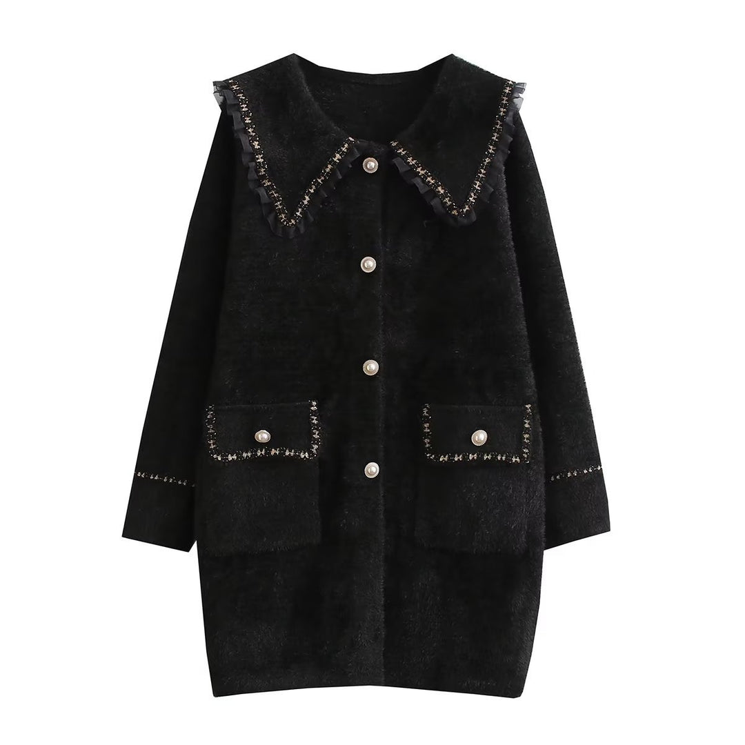 Damen Langarmjacke mit dekorativem Kragen und funktionalen Taschen Fudus