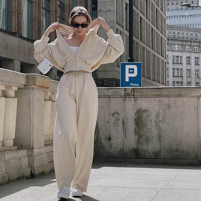 Damen kombinierter Sweat-Hoodie und Weite Hose Set Fudus