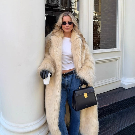 Damen Kunstfellmantel mit voluminösen Ärmeln und elegantem Schnitt Fudus