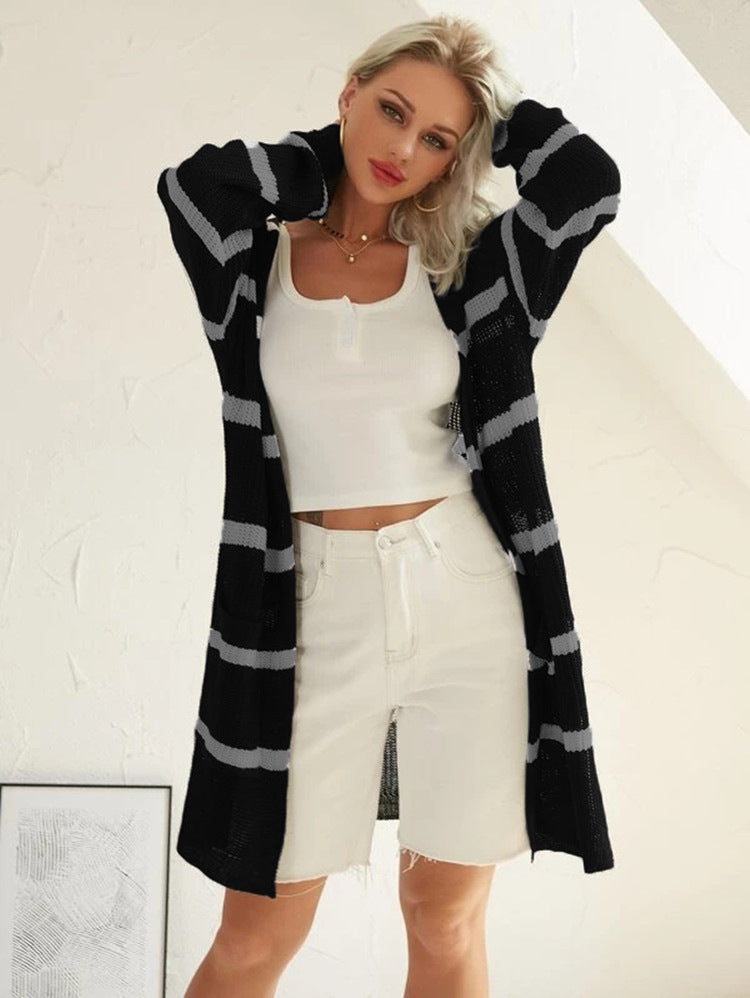 Damen Langer offener Strickcardigan mit einzigartigem Muster Fudus