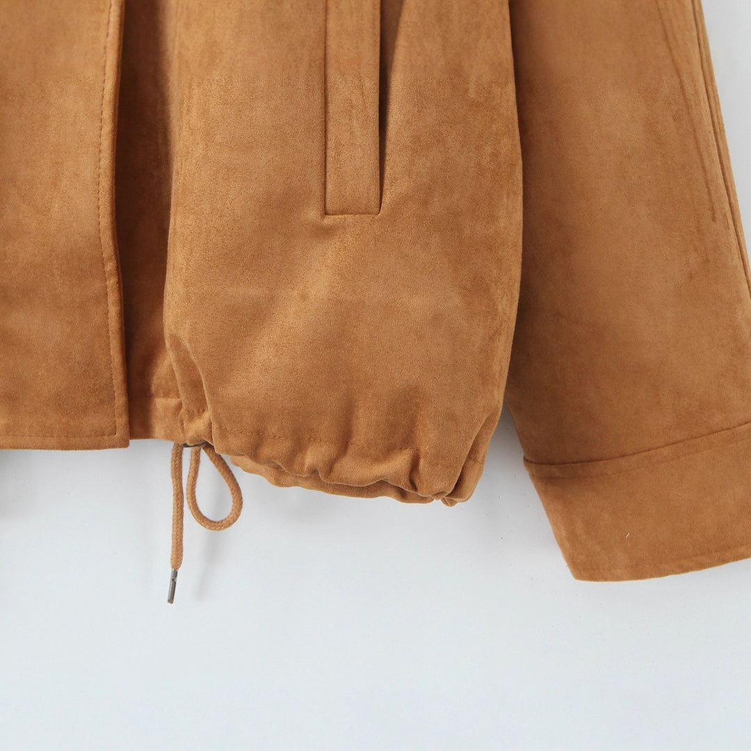 Damen Kunstlederjacke mit elegantem Stehkragen und regulierbarem Saum Fudus