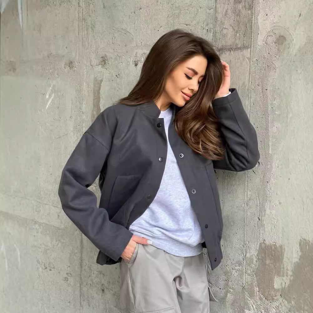 Damen lässige Collegejacke mit Knopfverschluss und Taschen Fudus