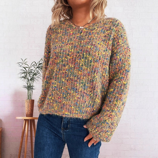 Damen komfortabler Strickpullover mit buntem Strukturmuster und weit geschnittenen Ärmeln Fudus