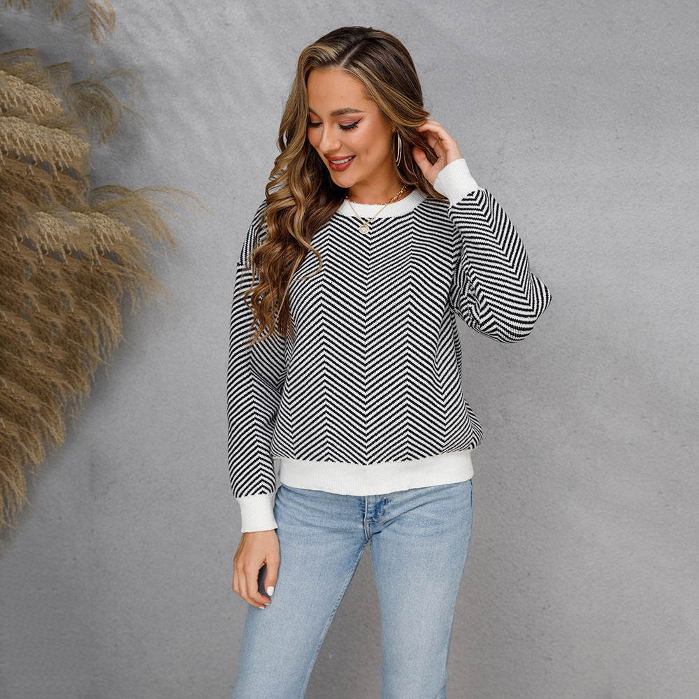 Damen Grobstrickpullover mit Chevron-Muster und Kontrastbündchen Fudus