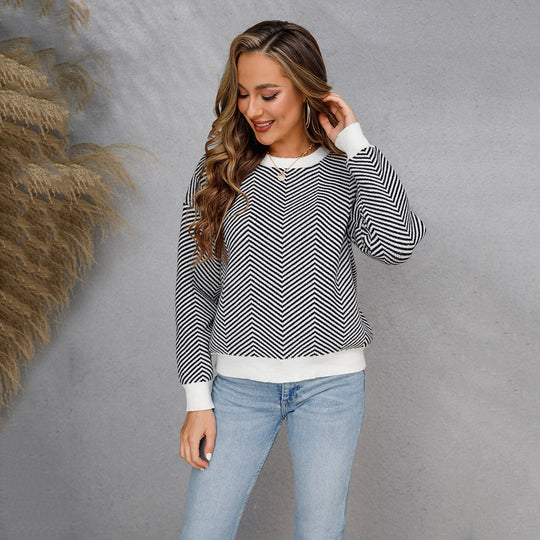 Damen Grobstrickpullover mit Chevron-Muster und Kontrastbündchen Fudus