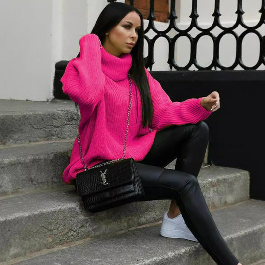 Damen Grobstrickpullover mit hochgeschlossenem Kragen und Struktur Fudus