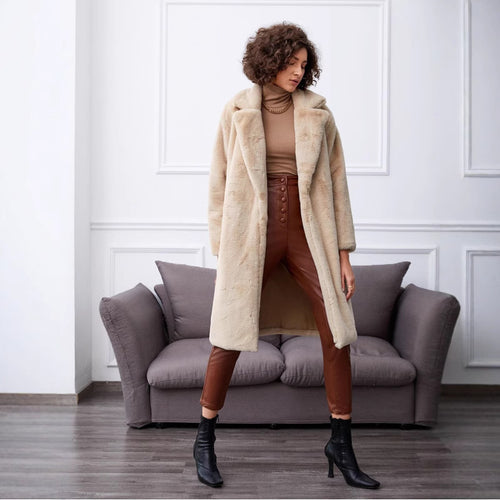 Damen Langer Kunstpelzmantel mit elegantem Reverskragen und praktischen Taschen Fudus