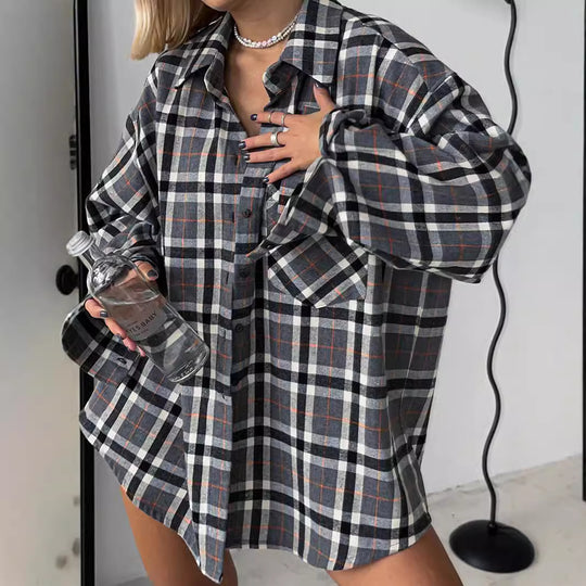 Damen Karierte Overshirt Hemdbluse Fudus
