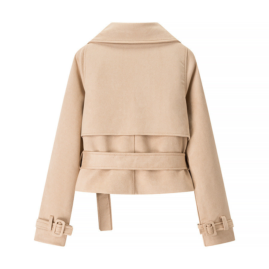 Damen kurze Kunstlederjacke im eleganten Biker-Stil mit breitem Revers und Taillengürtel Fudus