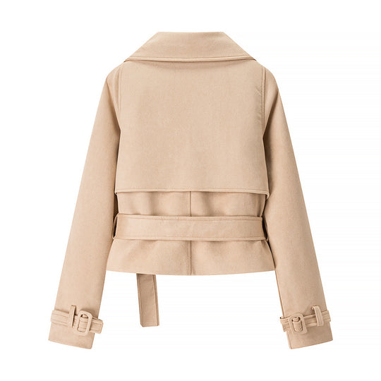 Damen kurze Kunstlederjacke im eleganten Biker-Stil mit breitem Revers und Taillengürtel Fudus