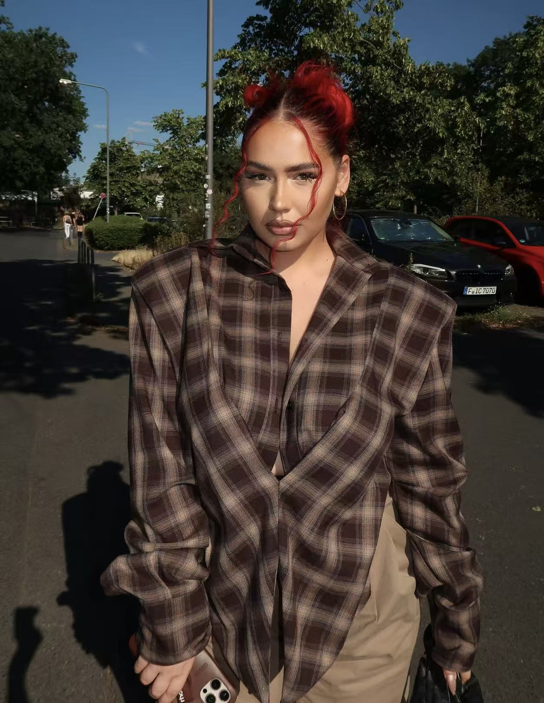 Damen lässige Karobluse mit asymmetrischem Schnitt Fudus