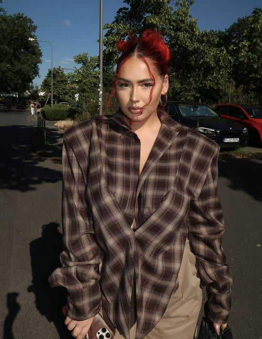 Damen lässige Karobluse mit asymmetrischem Schnitt Fudus