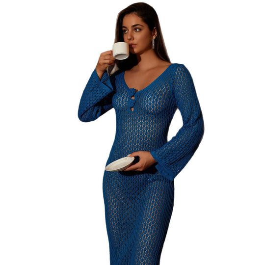 Damen Häkelkleid mit weitem Schlagärmel und knöpfbarem Ausschnitt Fudus