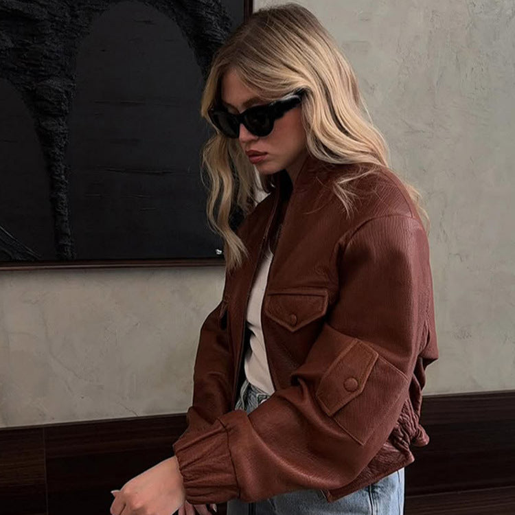 Damen lässige Lederjacke mit voluminösen Ärmeln Fudus