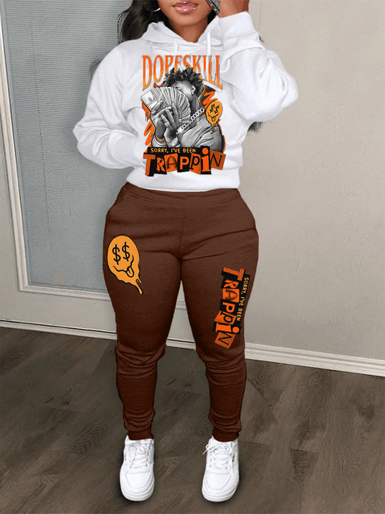Damen Hoodie und Jogginghose Set mit kreativem Grafikdruck Fudus