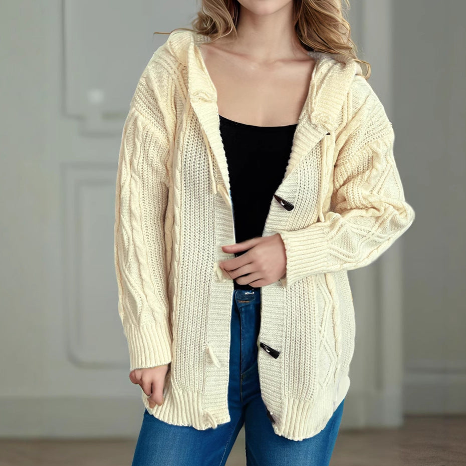 Damen Grobstrickjacke mit Kapuze und Zopfmuster Fudus