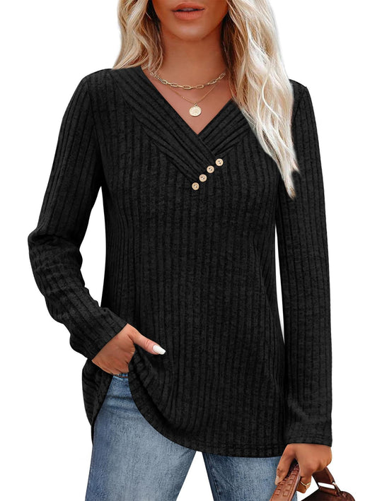 Damen Langärmliges V-Ausschnitt Oberteil Fudus