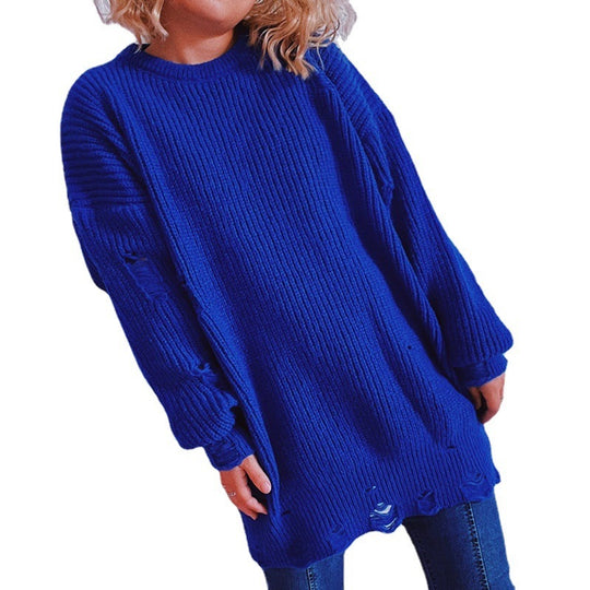 Damen Grobstrickpullover mit lässigen Rückenschlitzen und weiten Ärmeln Fudus