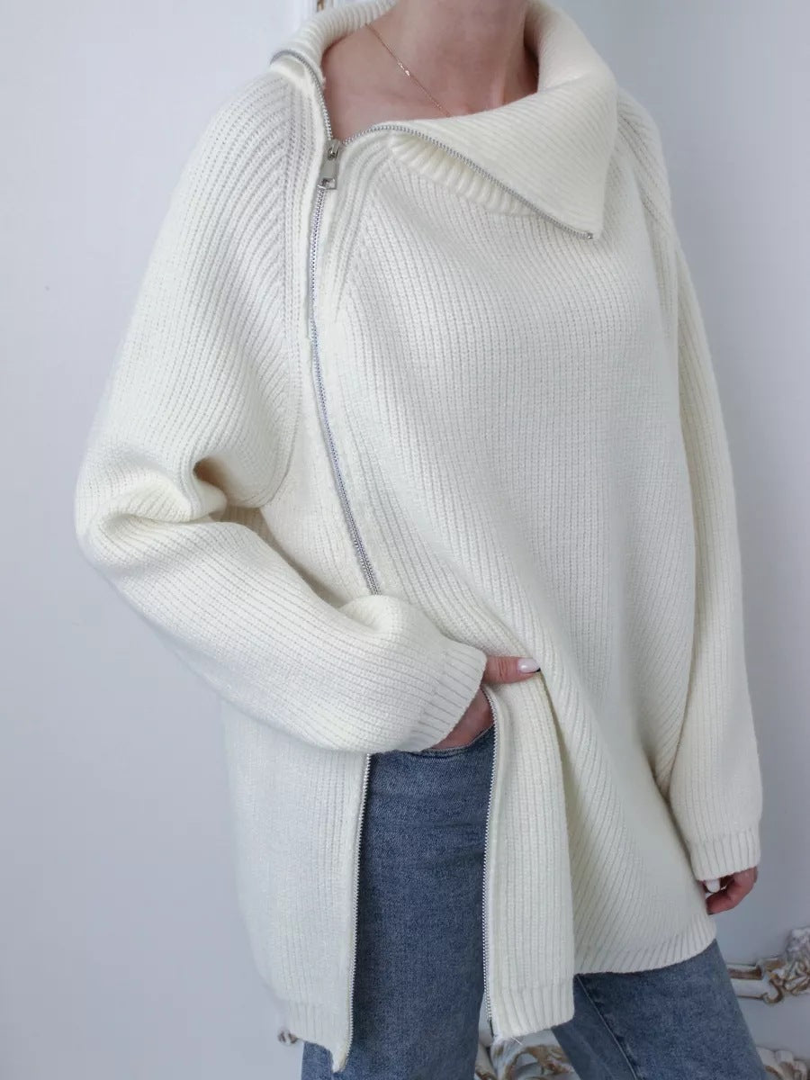 Damen kuscheliger Strickpullover mit asymmetrischem Reißverschluss Fudus