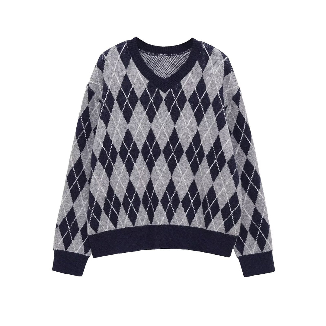 Damen klassischer V-Ausschnitt Pullover im Rautenmuster Fudus