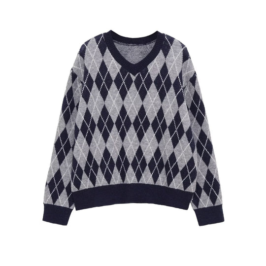 Damen klassischer V-Ausschnitt Pullover im Rautenmuster Fudus