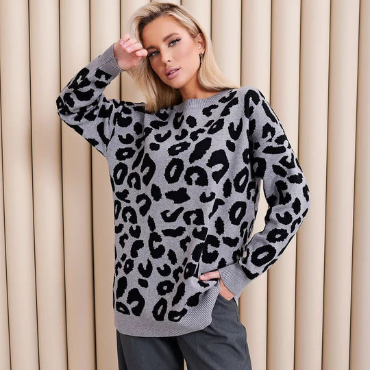 Damen Grobstrickpullover mit Leopardenmuster Fudus
