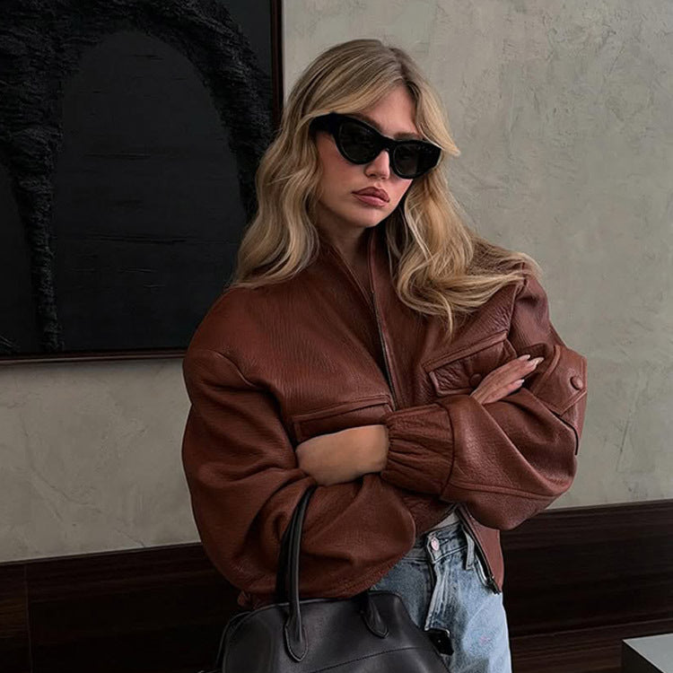 Damen lässige Lederjacke mit voluminösen Ärmeln Fudus