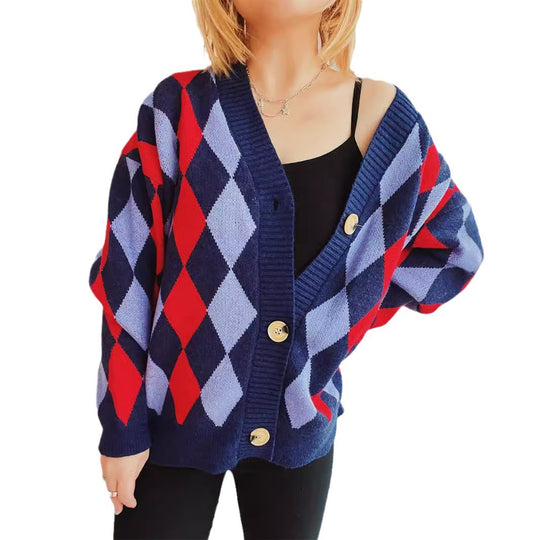 Damen lässige Strickjacke im Rauten-Muster mit goldenen Knöpfen Fudus