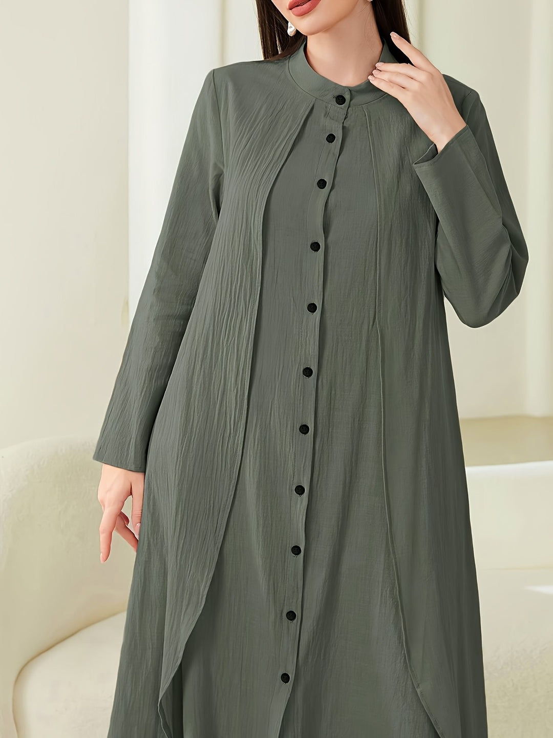 Damen Langarm-Blusenkleid mit asymmetrischem Schnitt und Knopfleiste Fudus