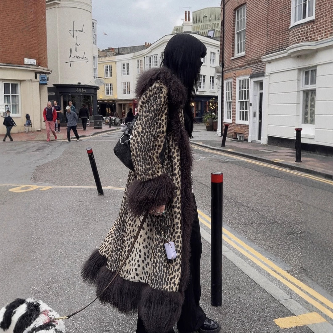 Damen Kunstfellmantel mit Leopardenmuster Fudus
