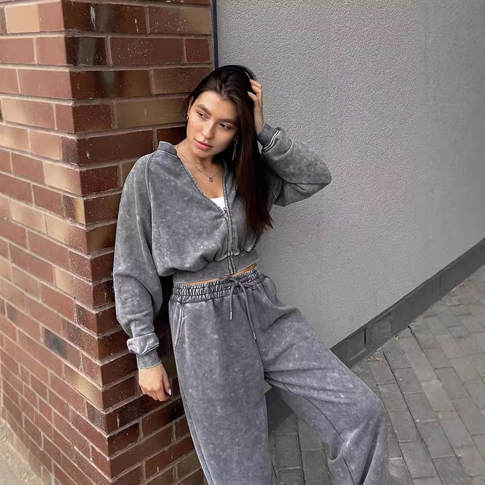 Damen modischer cropped Kapuzenpullover mit Reißverschluss und lässigen Jogginghose Fudus