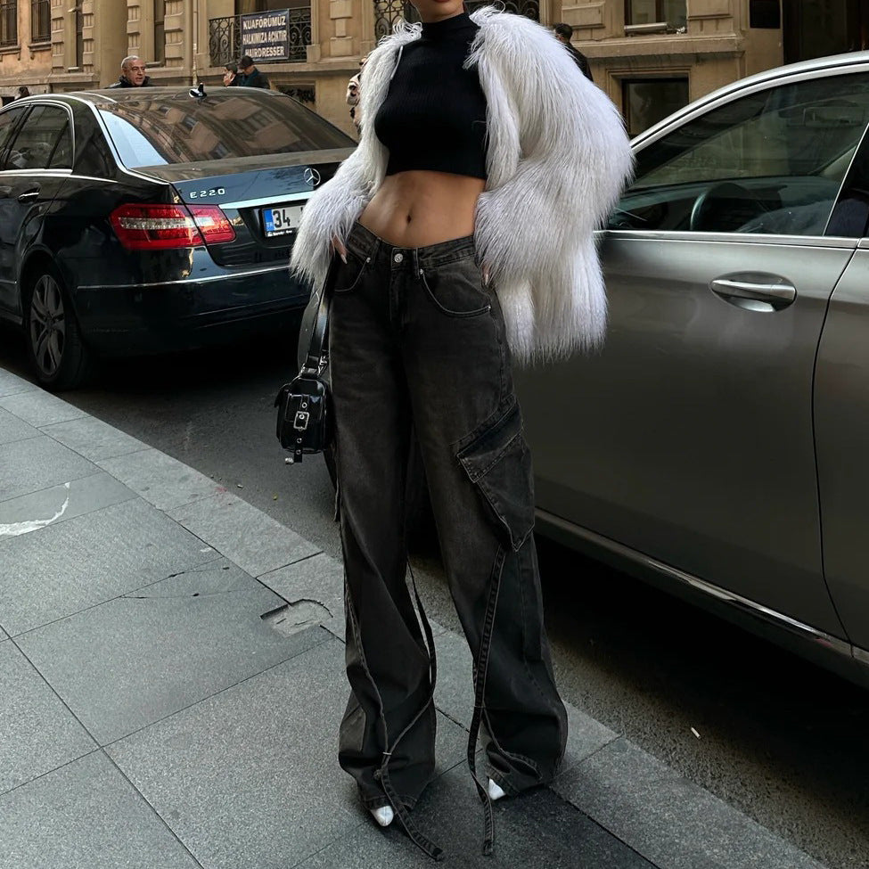 Damen lässige High-Waist Cargo-Jeans mit einzigartigen Schnittelementen Fudus