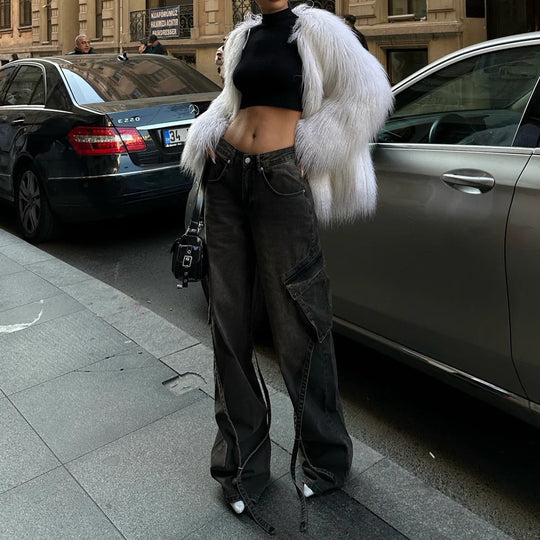 Damen lässige High-Waist Cargo-Jeans mit einzigartigen Schnittelementen Fudus