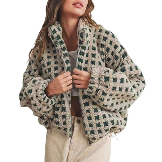 Damen kuschelige Fleecejacke im modernen Karodesign Fudus