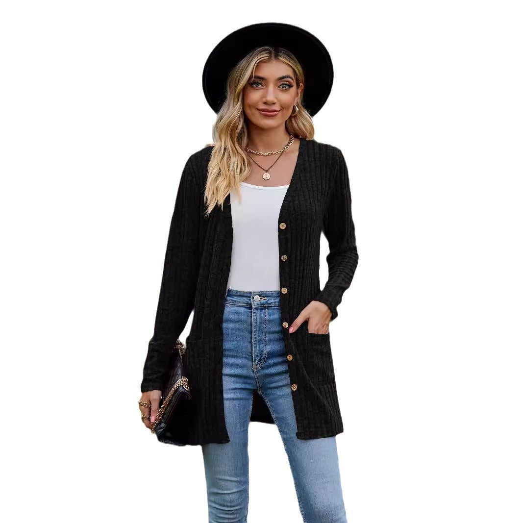 Damen Langärmlige Strickjacke mit Knopfdetails und Taschen Fudus