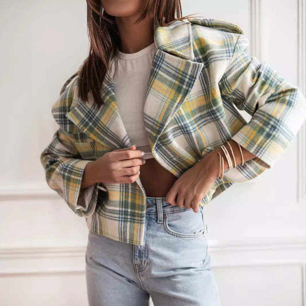 Damen Kurzjacke mit kariertem Muster und weichem Fleece Fudus