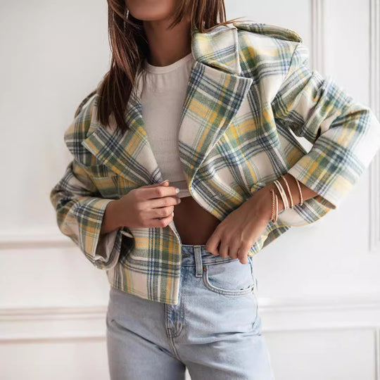 Damen Kurzjacke mit kariertem Muster und weichem Fleece Fudus