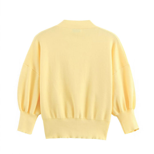 Damen lässige Strickjacke mit ballonförmigen Ärmeln und dekorativen Knopfdetails Fudus