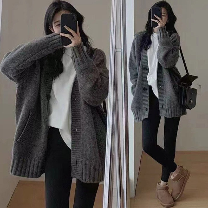 Damen komfortabler Strickcardigan mit großen Taschen Fudus