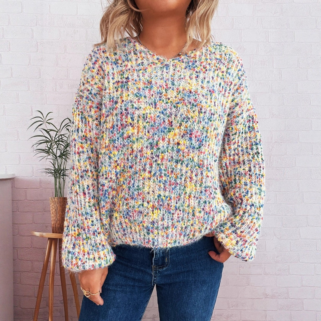 Damen komfortabler Strickpullover mit buntem Strukturmuster und weit geschnittenen Ärmeln Fudus