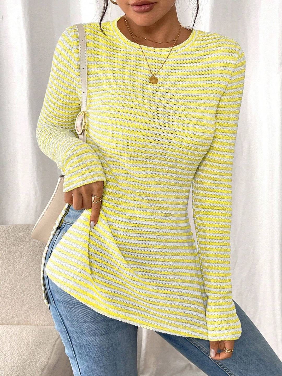 Damen Langarmshirt mit modernem Strickmuster und seitlichen Schlitzen Fudus