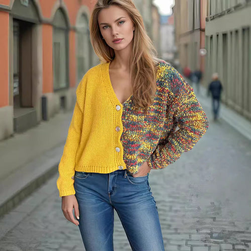 Damen lässige Strickjacke mit farbenfrohen Akzenten und Knopfdetails Fudus