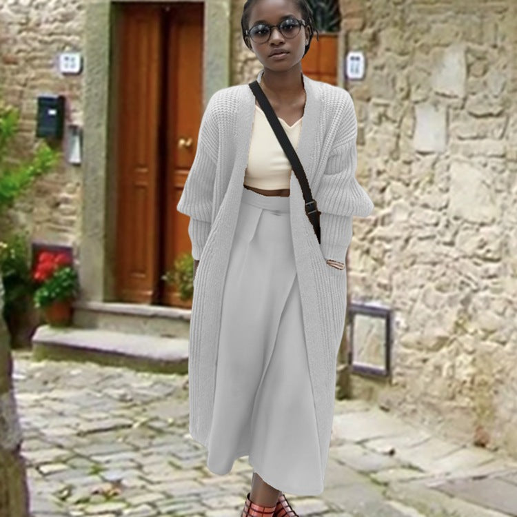 Damen Grobstrick-Longcardigan mit lässiger Passform und seitlichen Taschen Fudus