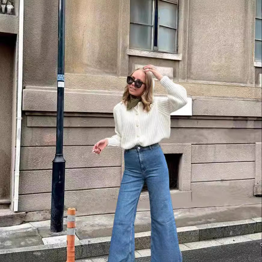 Damen Grobstrickjacke mit Knöpfen und modernem Schnitt Fudus